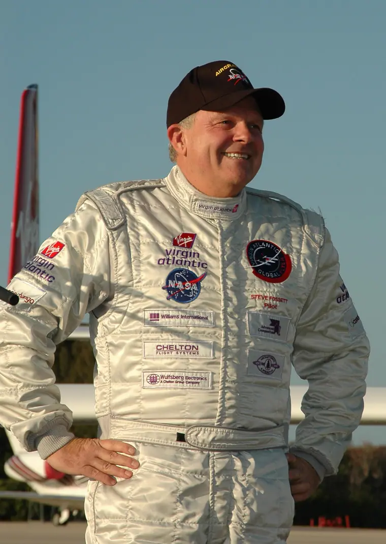 Steve Fossett standing at NASA's Shuttle Landing Facility in January 2006 after landing the GlobalFlyer aircraft.