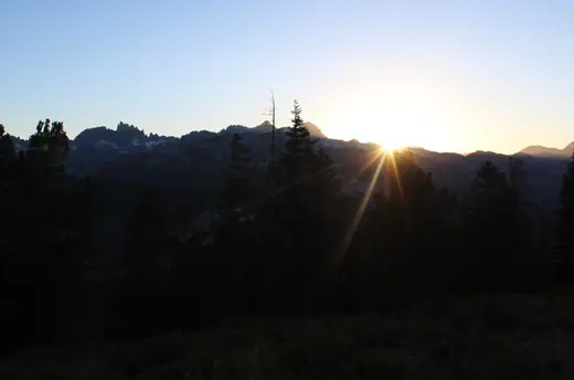 Sunset over the ridgelines of the Sierra Nevada seen from Minaret Summit in Inyo National Forest.