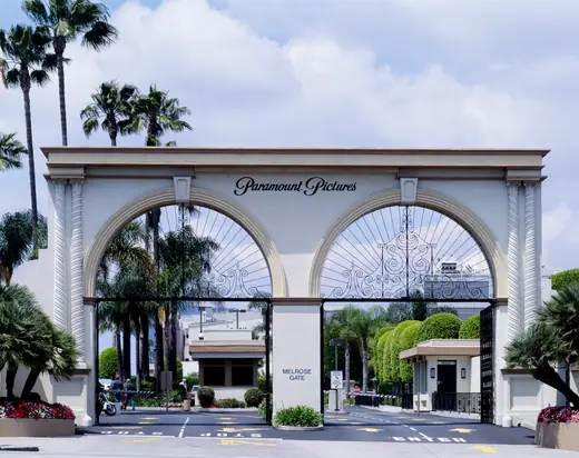 The ornamental wrought-iron entrance gate to Paramount Pictures Studios in Hollywood.