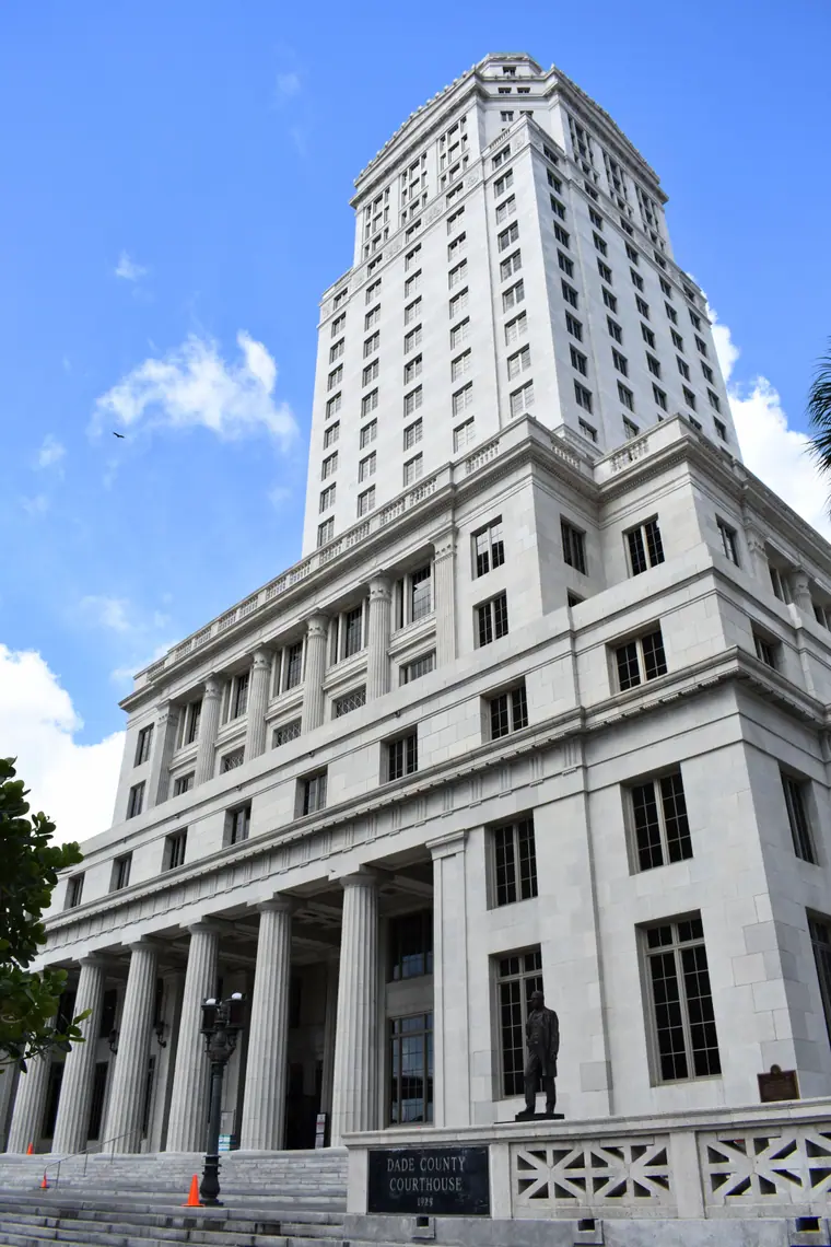 The stepped tower of the 1928 Miami-Dade County Courthouse rising above downtown Miami.