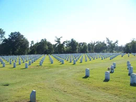 Rows of uniform headstones under live oaks at Barrancas National Cemetery.