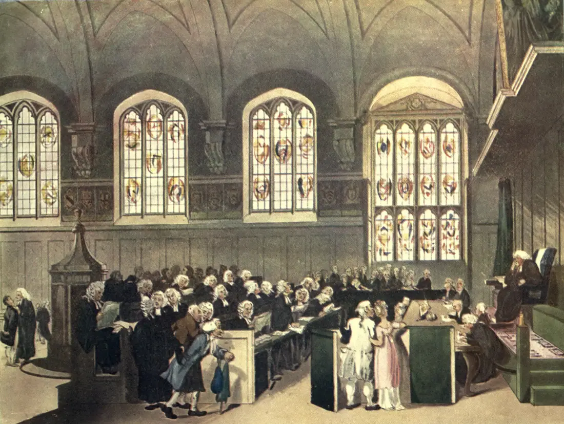 Aquatint of the Court of Chancery sitting in Lincoln's Inn Hall, with the Lord Chancellor on the bench and counsel at the table below.