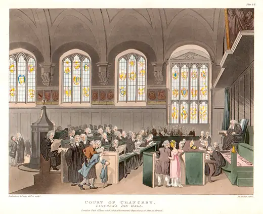 Engraving of a vacation sitting of the Court of Chancery in Lincoln's Inn Old Hall, showing Lord Chancellor Eldon and counsel.