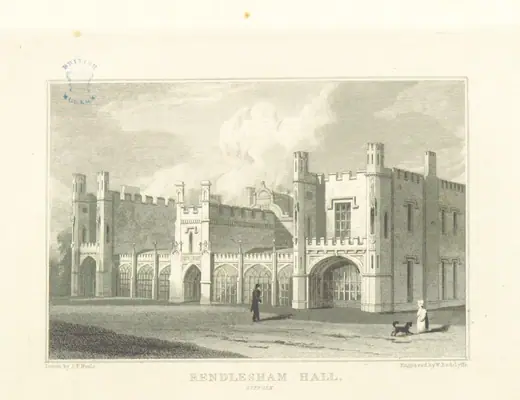 Engraved view of Rendlesham Hall, Suffolk, a large country house set in parkland.