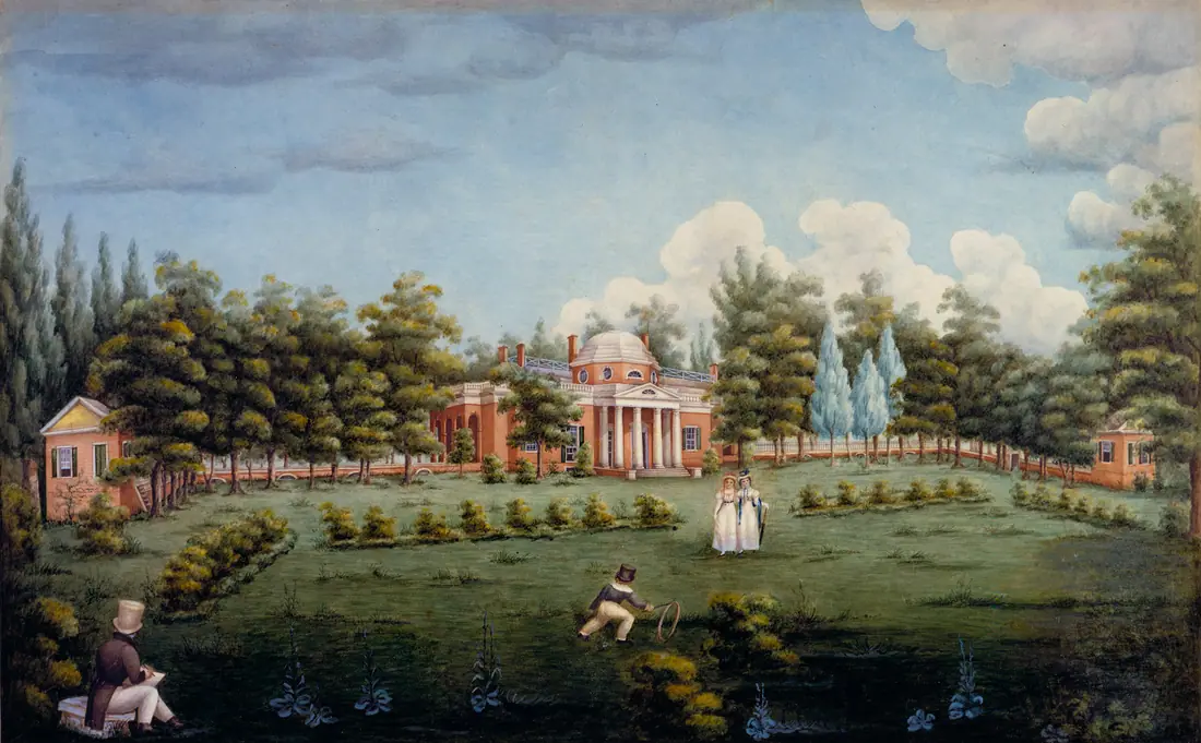 Watercolour of the west front of Monticello across a lawn, with figures walking in the garden in the foreground.