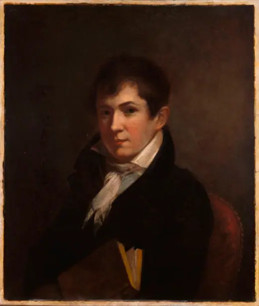 Painted portrait of a young man with dark hair in a high-collared coat and white stock.