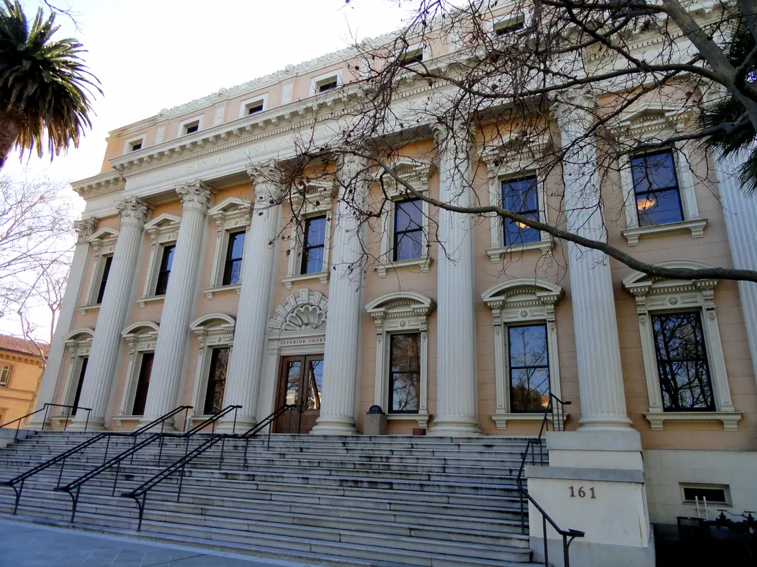 The classical facade of the old Santa Clara County Superior Court building in San Jose, California.