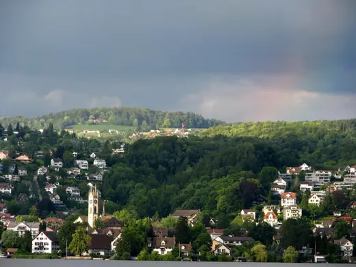 View over Küsnacht and Lake Zurich from the Forch, Canton of Zurich, Switzerland.