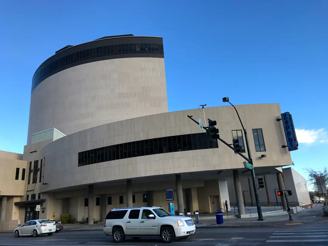 The Zappos headquarters building at the corner of Stewart Avenue and Las Vegas Boulevard, formerly Las Vegas City Hall.