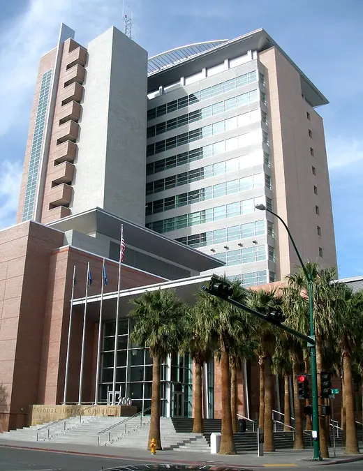 The Regional Justice Center tower in downtown Las Vegas, seen from street level.