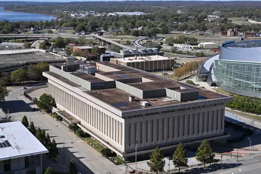 Aerial view of the Page Belcher Federal Building and courthouse in downtown Tulsa, Oklahoma.
