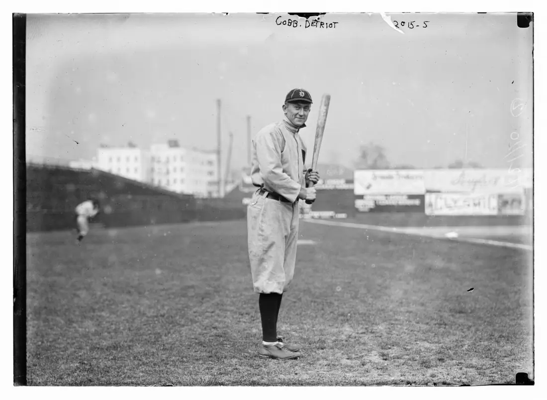 Ty Cobb in Detroit uniform on a ballfield, photographed from a glass negative of the Bain News Service.