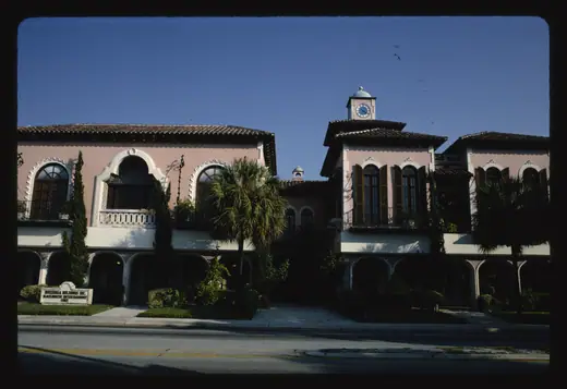 Commercial buildings on a Fort Lauderdale main street photographed in 1990, part of the John Margolies Roadside America archive.