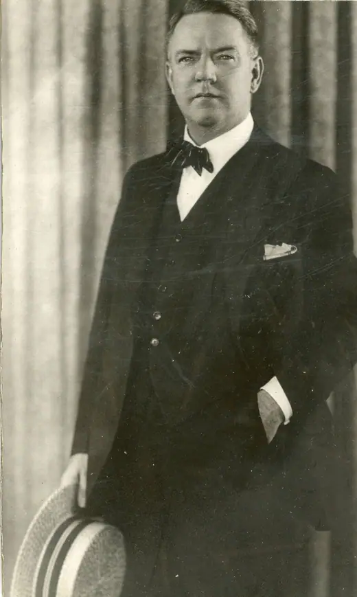 Full-length portrait of a silent-film comedian in costume, 1928.