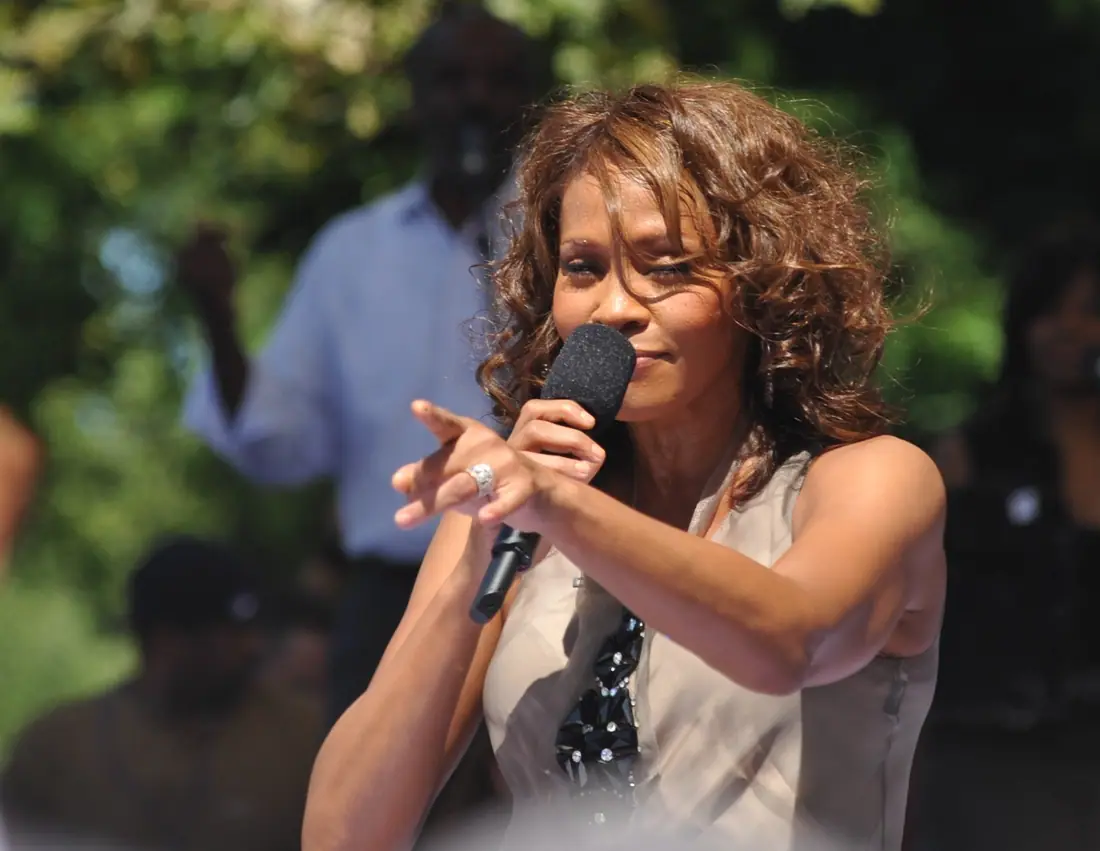 Whitney Houston performing outdoors on Good Morning America in Central Park, New York, September 2009.